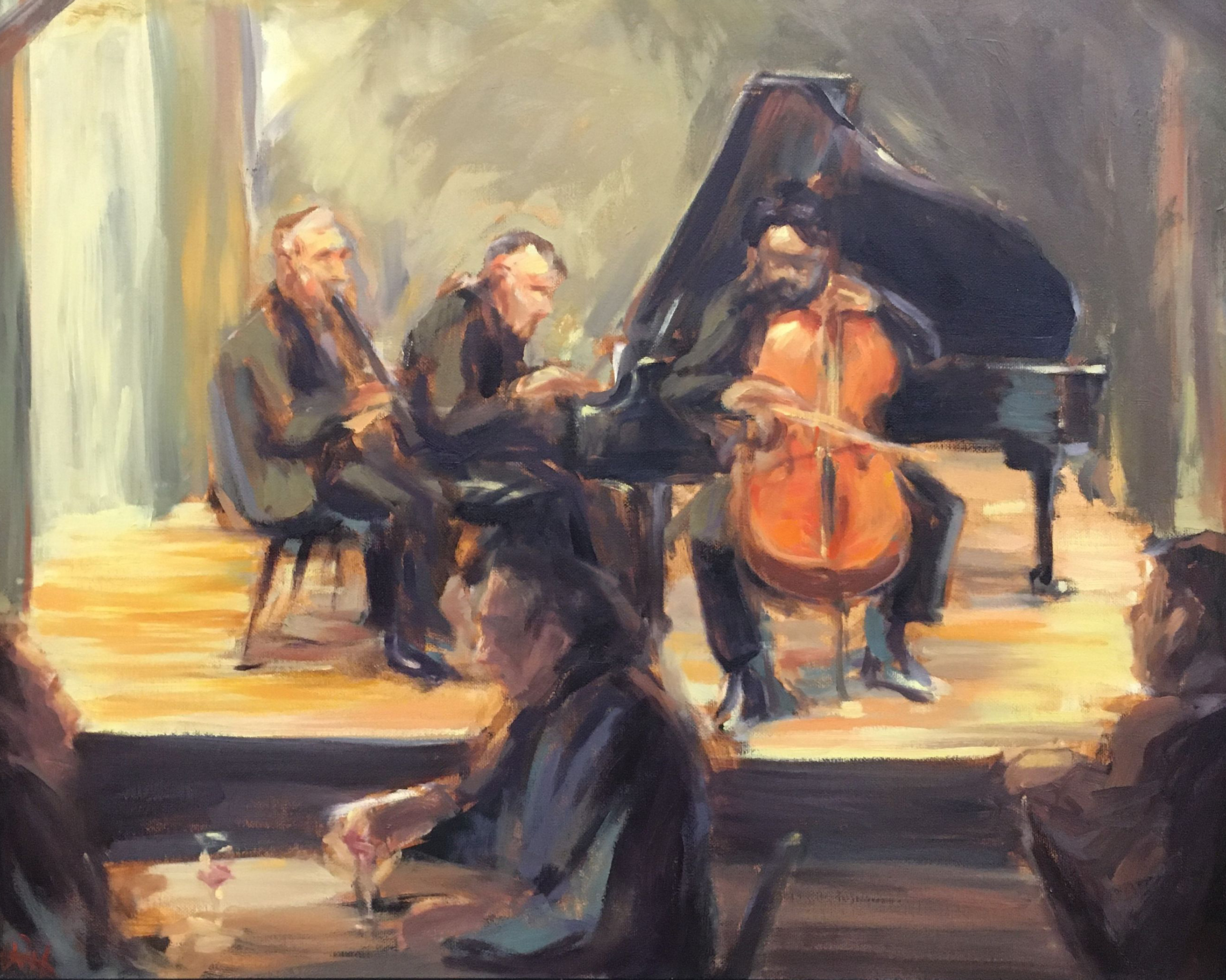 "Trio" by Rachel Hall: a painting of a clarinetist, pianist, and cellist on a small stage with people in the forground with drinks. - Click here to access page of student Art work